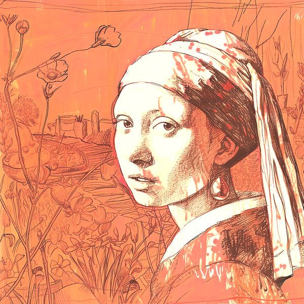 Meisje met de parel in het veld van Vlindertuin-Art