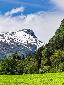 Mountain with snow near Fjærland in Norway by Rico Ködder