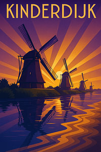 Kinderdijk Windmühlen Retro Reise Poster
