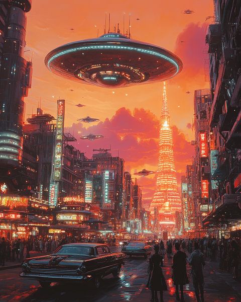 Retro Futuriste avec Ufo Cityscape par Jordan