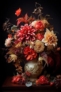 Bouquet de dahlias du 17e siècle aux couleurs de l'automne sur Marianne Ottemann - OTTI