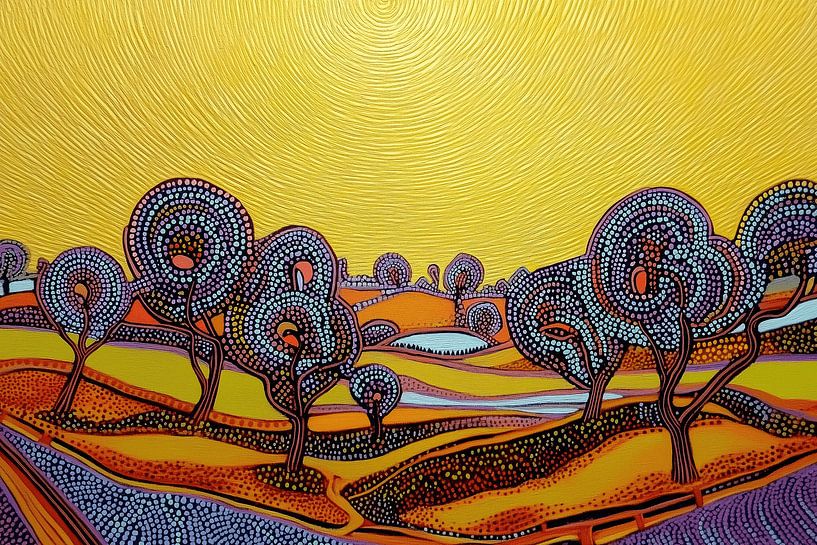 Kleurrijk landschap in pointillistische stijl van Ton Kuijpers