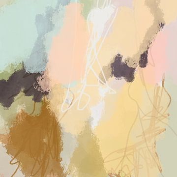 Modern abstract kleurrijk schilderij in pastelkleuren. Roze, geel, groen, bruin. van Dina Dankers