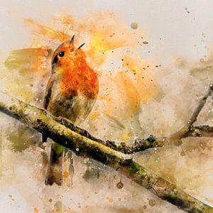Rotkehlchen pfeift das höchste Lied von einem Ast (Aquarell)