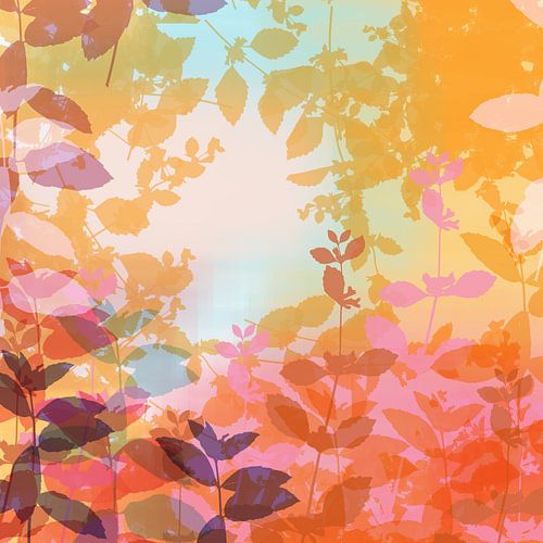 Kleurrijke botanische kunst in pastel en neonkleuren. Herfstochtend.