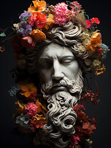 Grieks standbeeld met bloemen