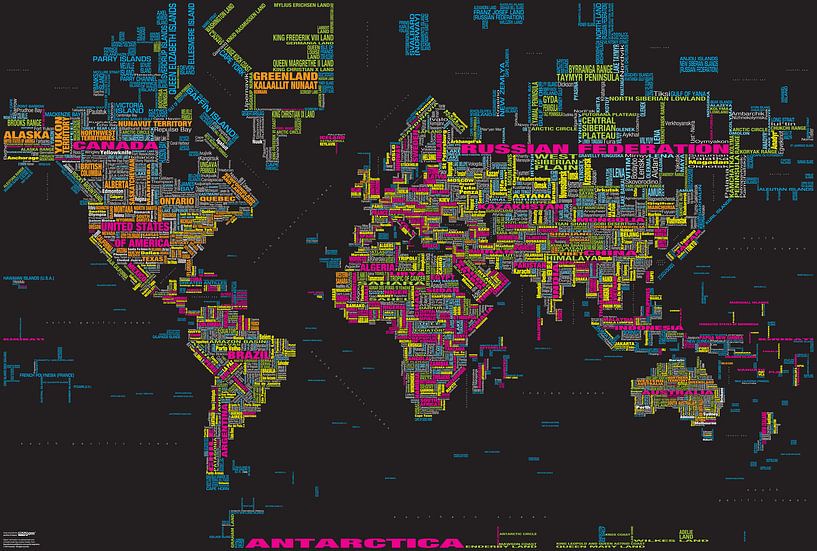 Typografische Weltkarte, Schwarz und Farben von MAPOM Geoatlas