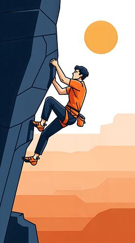 Determined Man Rock Climbing Steep Cliff in Desert Landscape