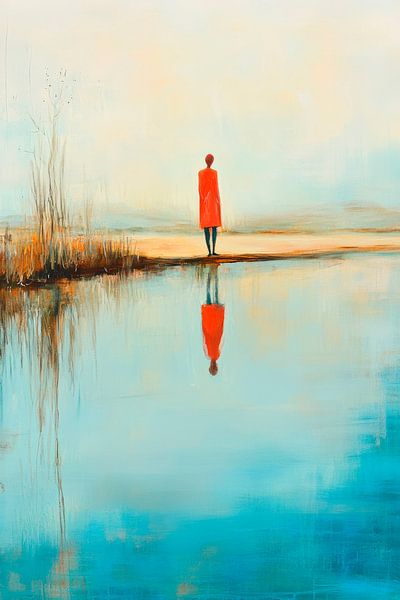 Femme en robe rouge au bord d'un lac par Poster Art Shop