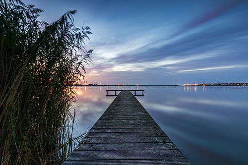 Genieten van het blauwe uurtje op een steiger tussen het riet bij Den Oever