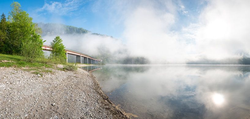 fog over lake Sylvensteinsee, gravel beach and bridge by SusaZoom