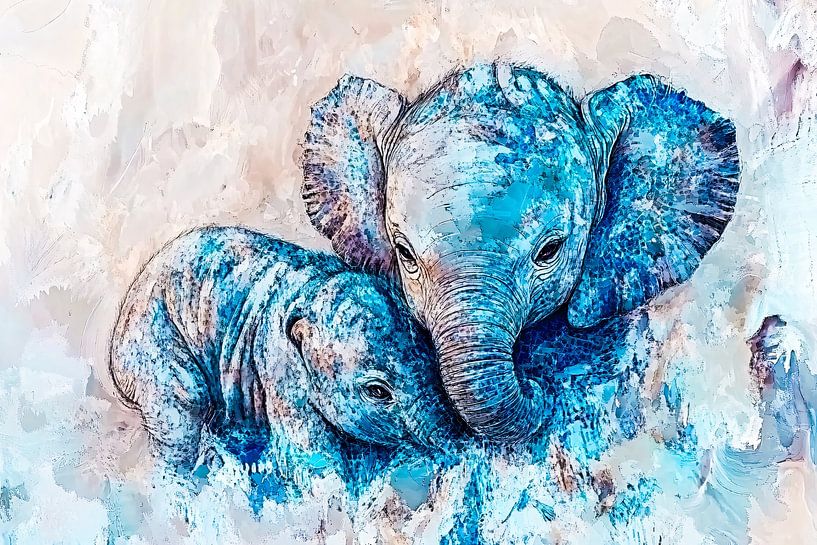 "Moeder en baby olifant in blauw" van Art & Soul Creations