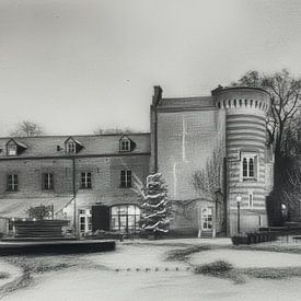 Elsloo am Abend im Winter mit Schnee in Holzkohle von Maurice Meerten