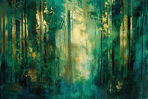 Green Serenity - Abstract painting in deep forest green and gold