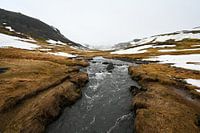 Uitzicht vanaf een bruggetje in de Reykjadalur-vallei, IJsland