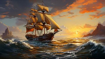 oud schip in zee bij zonsondergang
