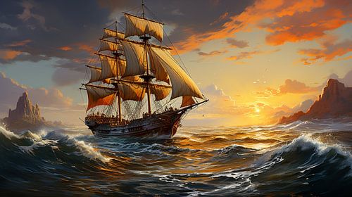 oud schip in zee bij zonsondergang