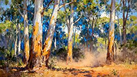 A sunny forest path through towering white trees by Kristin M