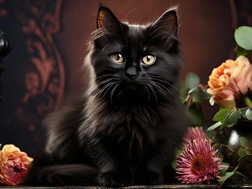 Zwarte kat in warm licht met bloemen