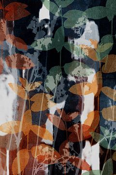 Moderne abstracte botanische kunst. Sprookjesbos. Bladeren in roestblauw van Dina Dankers
