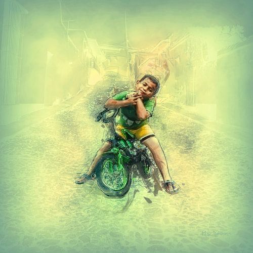 Jongen op fiets, dromend van later...  "als ik groot ben"