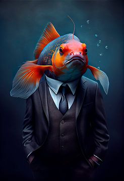 Portrait debout et majestueux d'un poisson rouge en costume. sur Maarten Knops