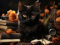 Cute Black Cat and Flowers