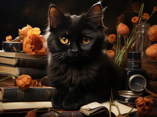 Een zwarte kat in het warme herfstlicht tussen boeken en bloemen