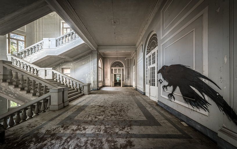 Trap in groot gebouw, met vogelkunst op de muur van Inge van den Brande