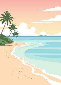 Minimalistische Vektorillustration einer ruhigen tropischen Küste mit Palmen und sanften Wellen.