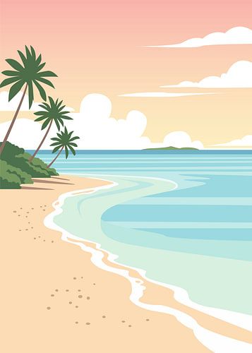 Illustration vectorielle minimaliste représentant un littoral tropical paisible, avec des palmiers et de douces vagues.