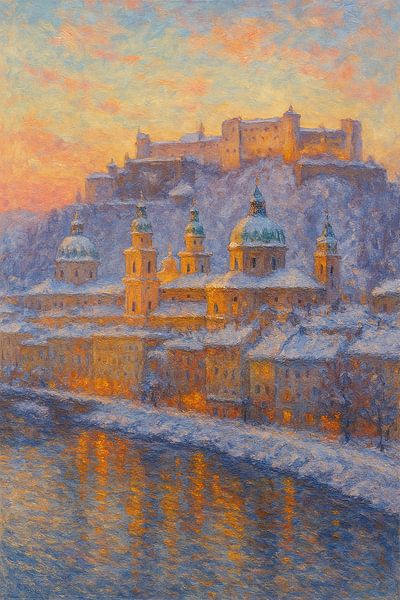 Verschneiter Salzburger Abend - Monet-inspiriertes Alpenstadtbild von Travel Shop
