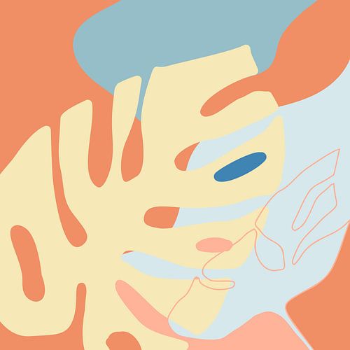 Zomertijd. Tropische botanische abstracte bladeren in terracotta, blauw en geel nr. 5