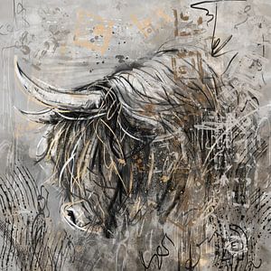 Hartes Kunstwerk mit taupefarbenem Grau und Gelb - Schottischer Highlander
