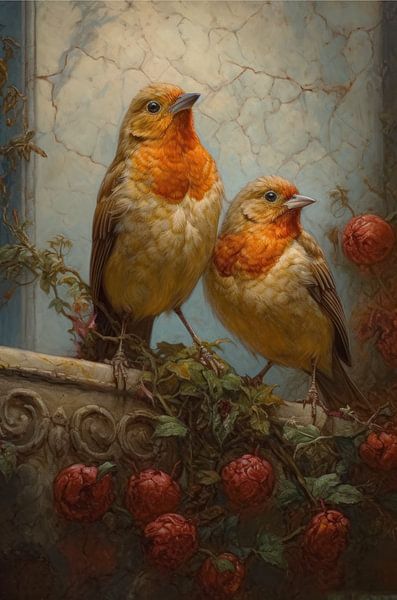 Robins on a Weathered Balustrade by Emil Husstege