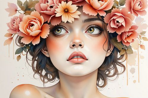 Mooie vrouw die met bloemenkroon op witte achtergrond poseert