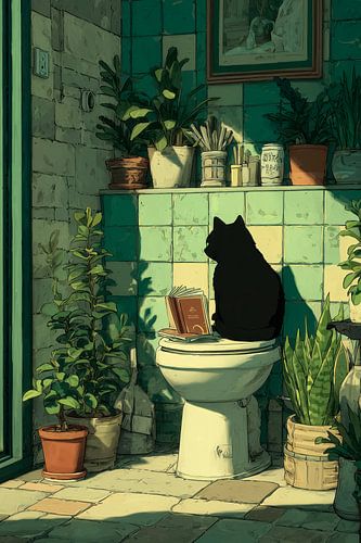 Zwarte kat op het toilet leest ontspannen