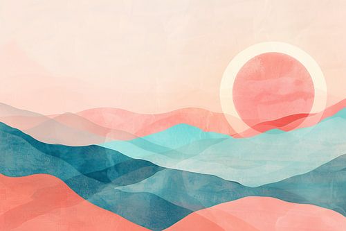 Abstract landschap met zonsondergang in pasteltinten