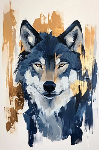 Expressief wolf schilderij in blauw