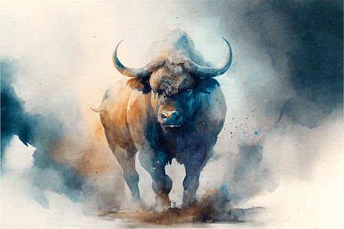 Powerful and mighty bull in watercolour