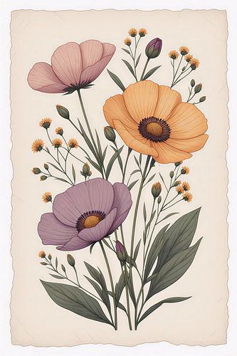 Illustration eines Vintage-Wildblumenstraußes mit Mohnblumen auf gealtertem Papier