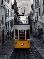 Yellow tram Lisbon, black and white