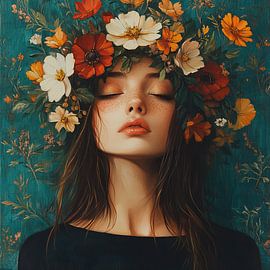 Vrouwenportret | Jonge Vrouw Bloemversiering van Blikvanger Schilderijen