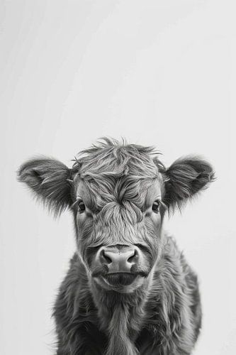 Hoogland koe portret in zwart-wit