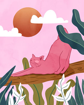 Roze kat die zich uitstrekt op een tak