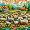 Kudde schapen in de wei in glas in lood stijl van Digital Art Nederland