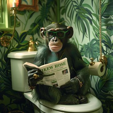 Aap leest krant in badkamer in jungle-stijl van Poster Art Shop