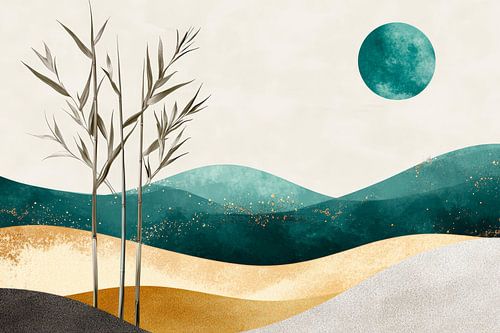 Bambus und Hügel unter leuchtendem Mond