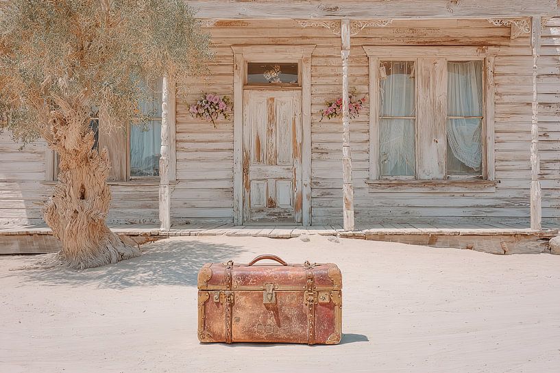A Stop in Time - Nostalgia with Suitcase and Vintage House by BowiScapes abstract and digital art