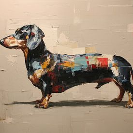 Abstract portrait of a dachshund in warm colours by Lauren Wilde
